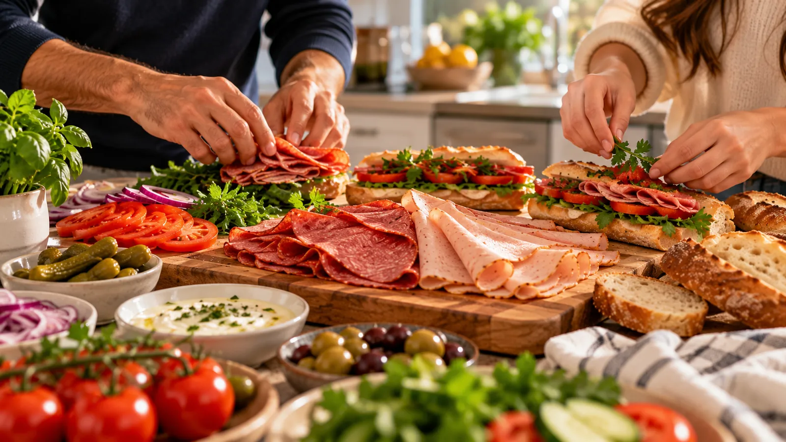 Making sandwiches with sliced jambon in the kitchen
